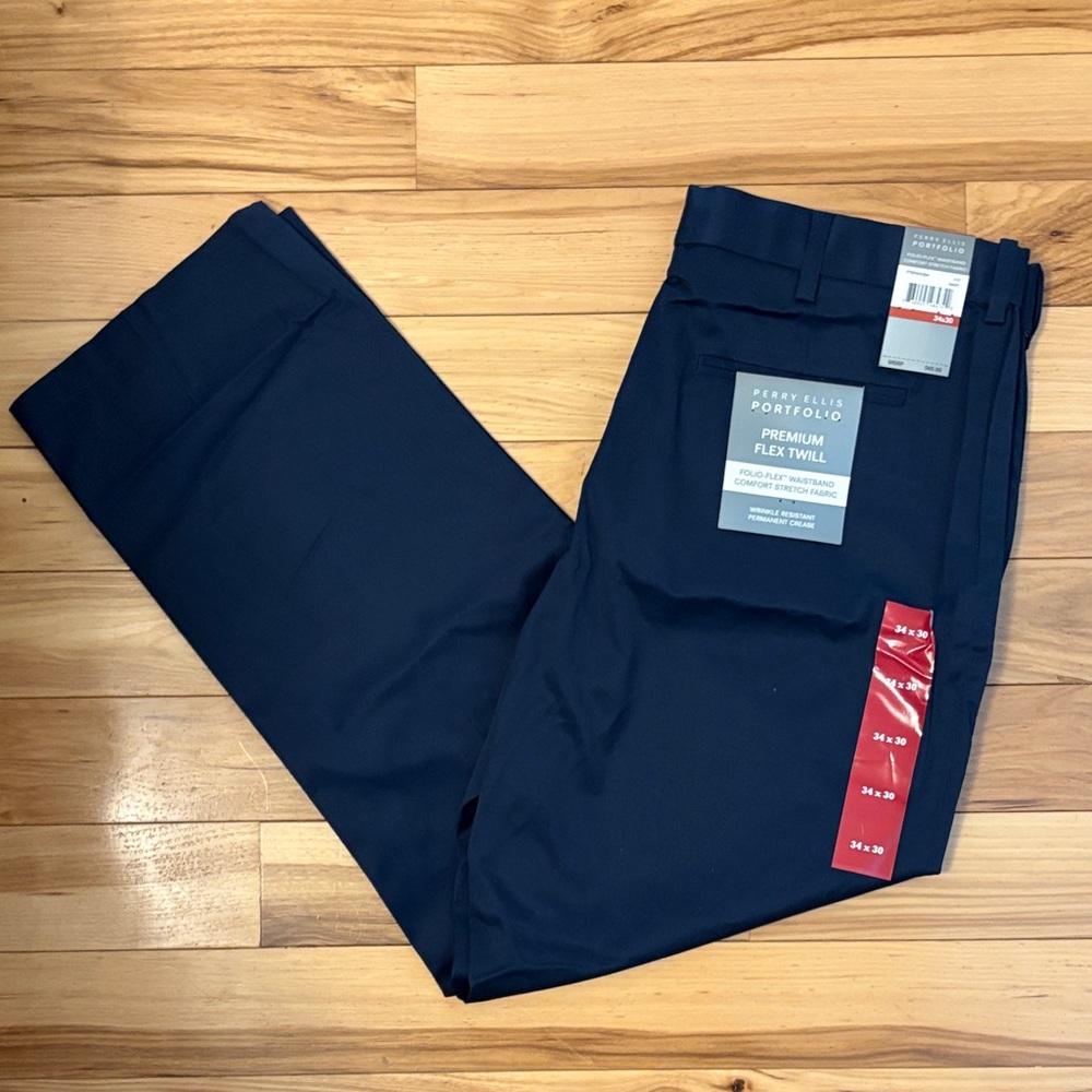New Perry Ellis Men's Premium Flex Twill Portfolio Pants in Dark Blue (34x30)